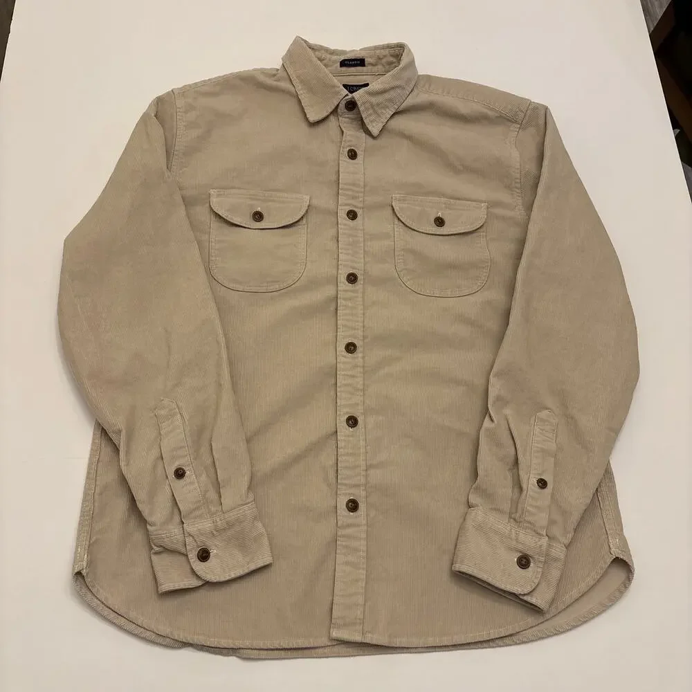 J.Crew Classic Men's Large Beige Corduroy Button Down Shirt Double Pocket